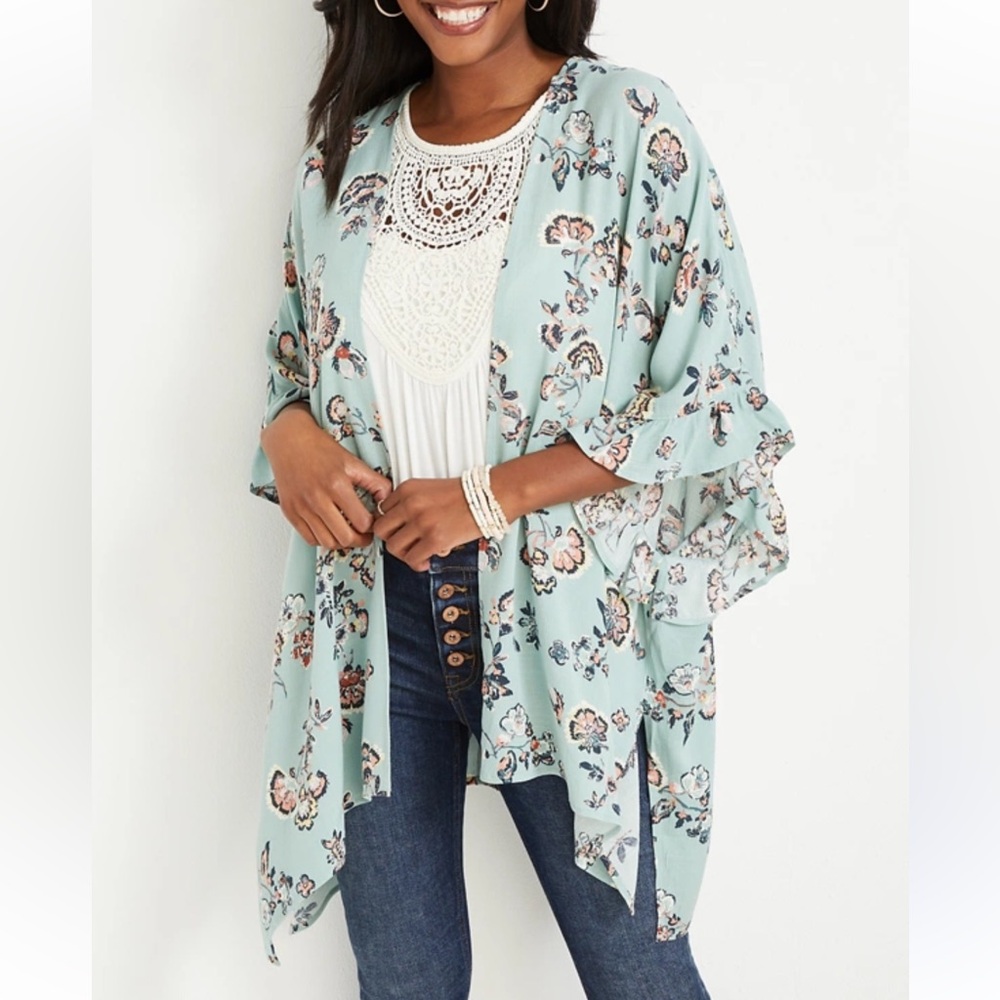 Maurices Floral Kimono Cardigan - Mint and Pink
